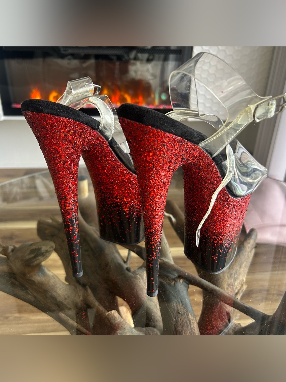 Red Glitter Platform High Heels with Clear Straps